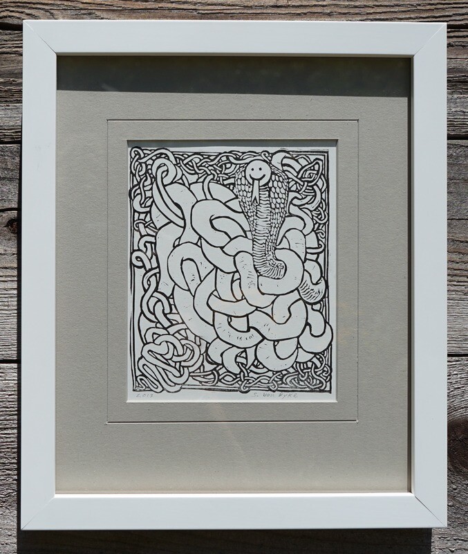 Smiling Snake, original block print, framed