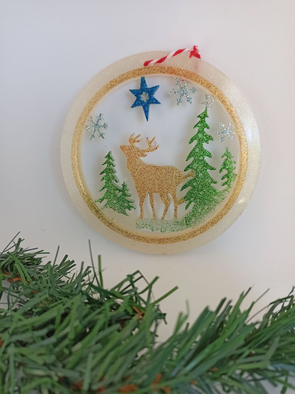 Sapins vert/renne marron paillettes/étoile bleu