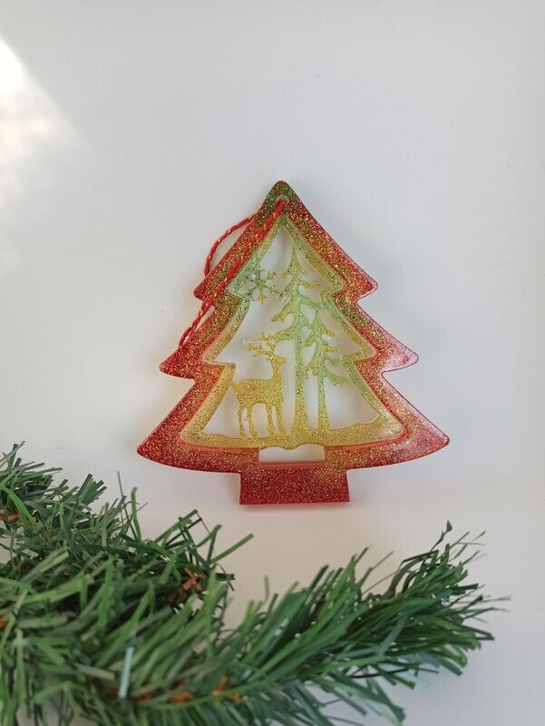 Sapin rouge et jaune paillettes - cerf