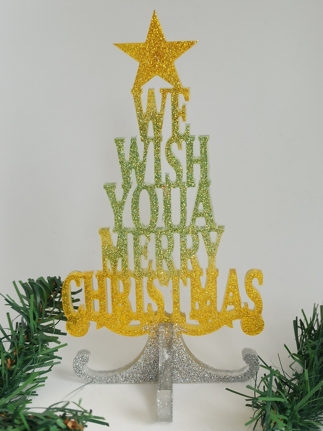 Merry Christmas sur pied - vert/jaune/argent paillettes