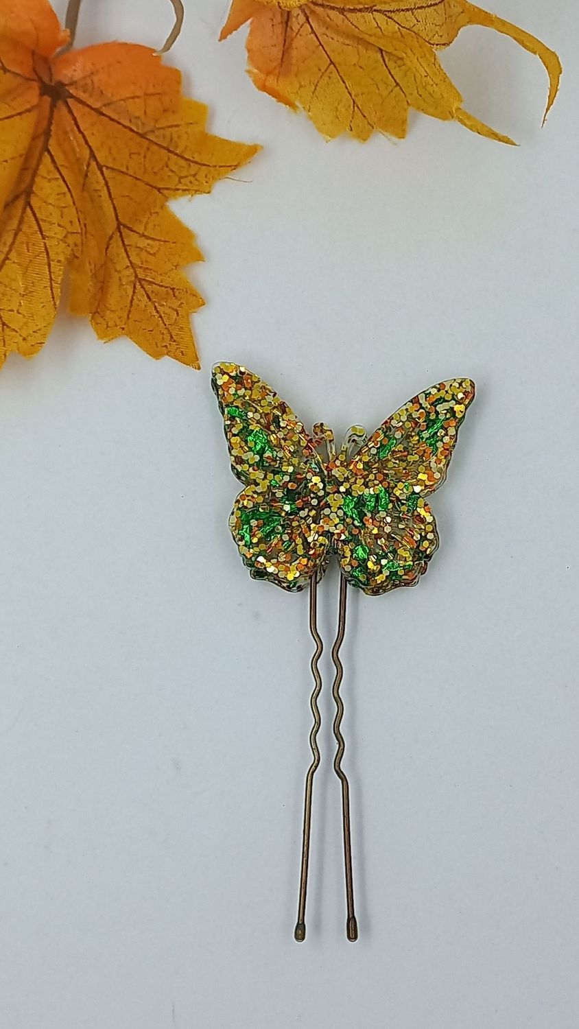Pince chignon - Papillon vert/doré paillettes