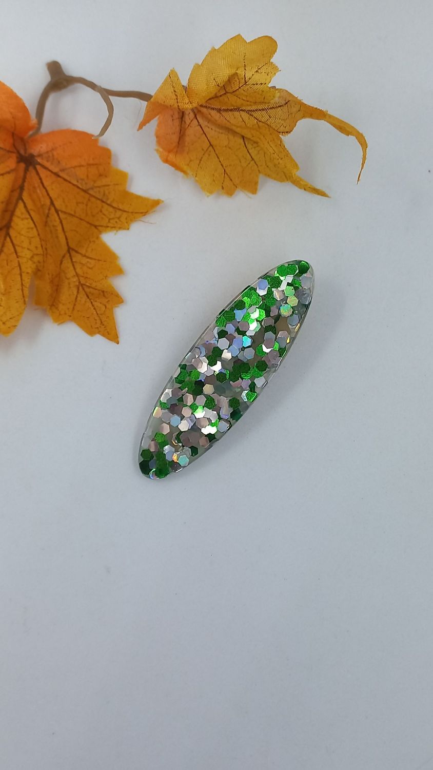 Barrette pince - paillettes vert/argenté