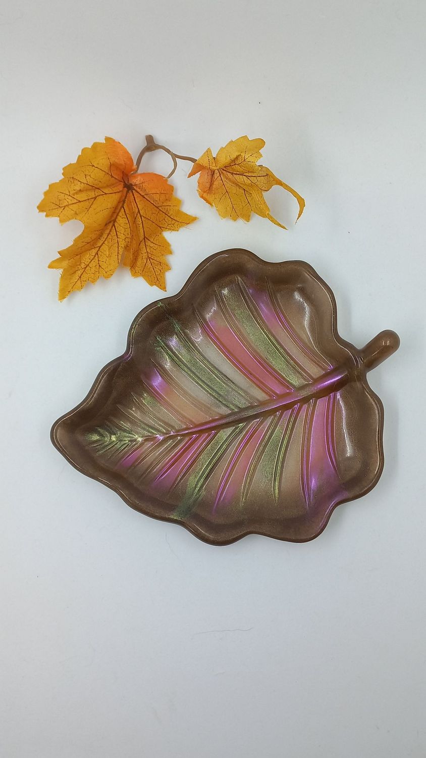 Vide poche feuille marron/vert/rose (GM)