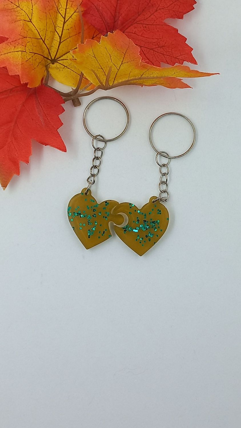 Double coeur - marron/turquoise paillettes