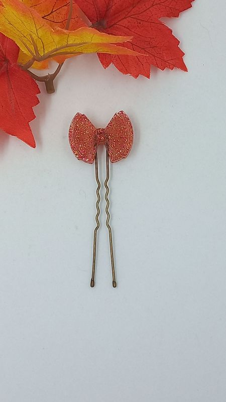 Pince chignon PM - Nœud doré framboise paillettes Pince chignon PM - Nœud doré framboise paillettes