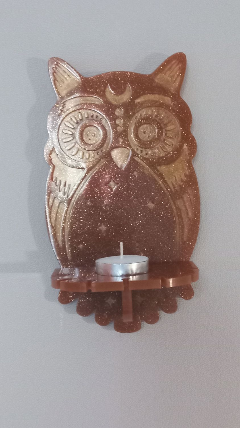 Bougeoir hibou beige / paillettes argenté doré