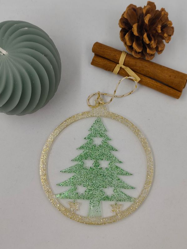 Boule fine - sapin vert / doré paillettes Boule fine - sapin vert / doré paillettes