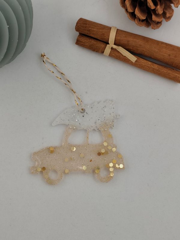 Voiture - doré paillettes / sapin blanc paillettes Voiture - doré paillettes / sapin blanc paillettes