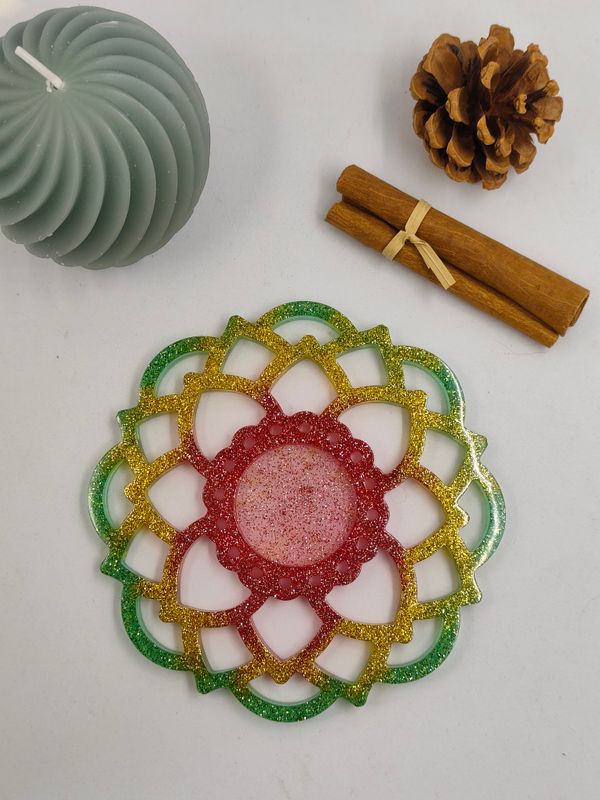 Support bougie vert/jaune/rouge paillettes Support bougie vert/jaune/rouge paillettes