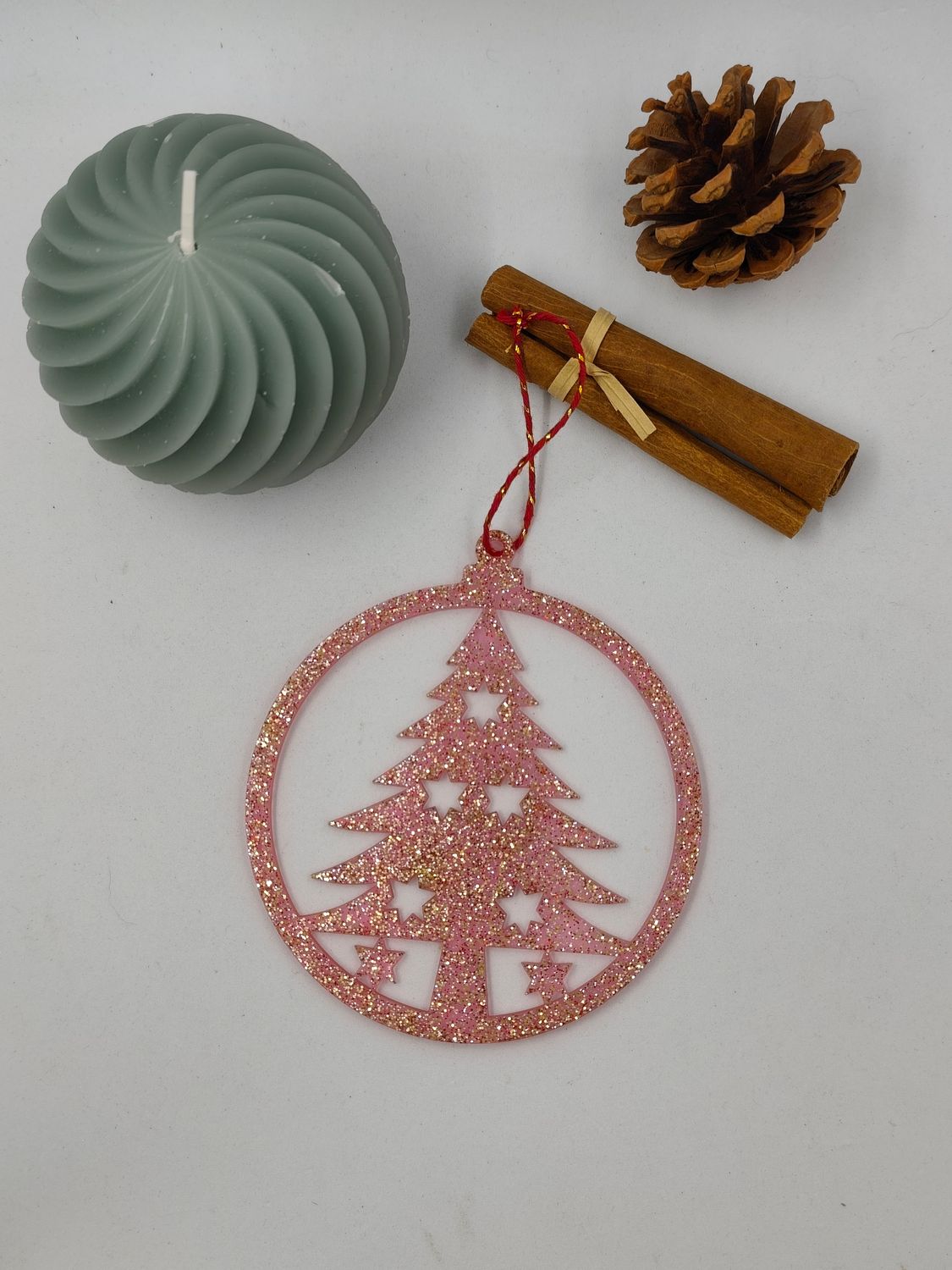 Boule fine - sapin rouge/doré paillettes