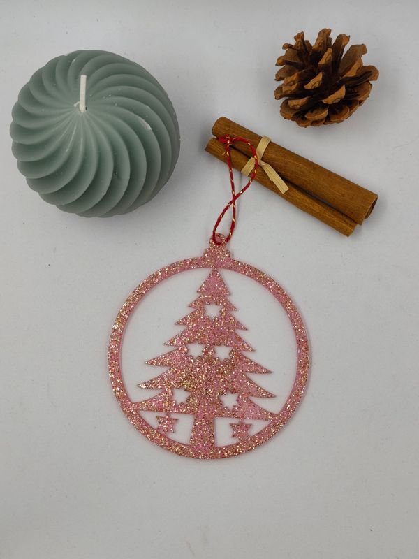 Boule fine - sapin rouge/doré paillettes Boule fine - sapin rouge/doré paillettes