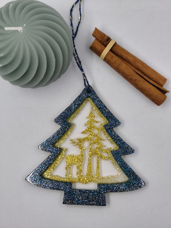 Sapin cerf bleu/ doré paillettes Sapin cerf bleu/ doré paillettes