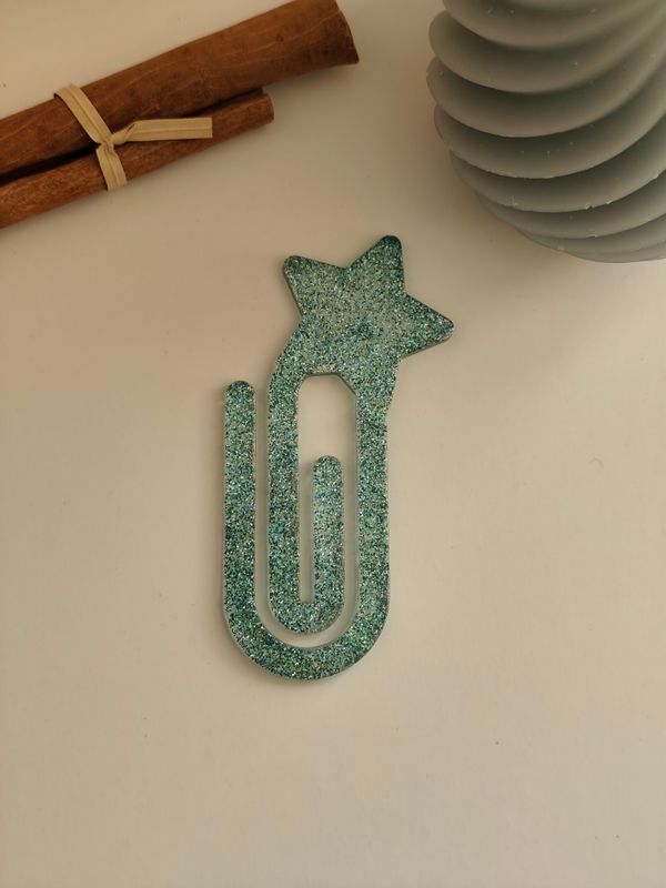 Marque page trombone étoile -  paillettes bleu / verte