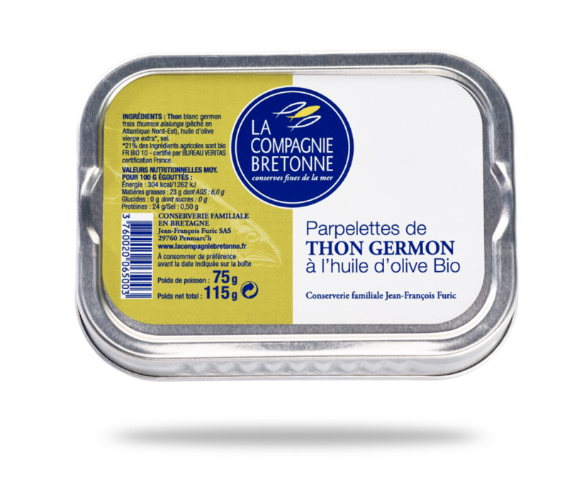 FILETS &quot;PARPELETTES&quot; DE THON GERMON À L&#39;HUILE D&#39;OLIVE VIERGE EXTRA BIO - 115GR