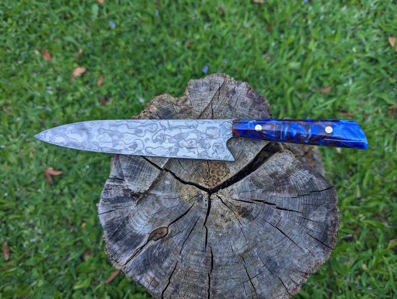 Handmade 8" chef's Knife 80CRV2 Sheffield Steel. Kirinite Vivid Blue handle