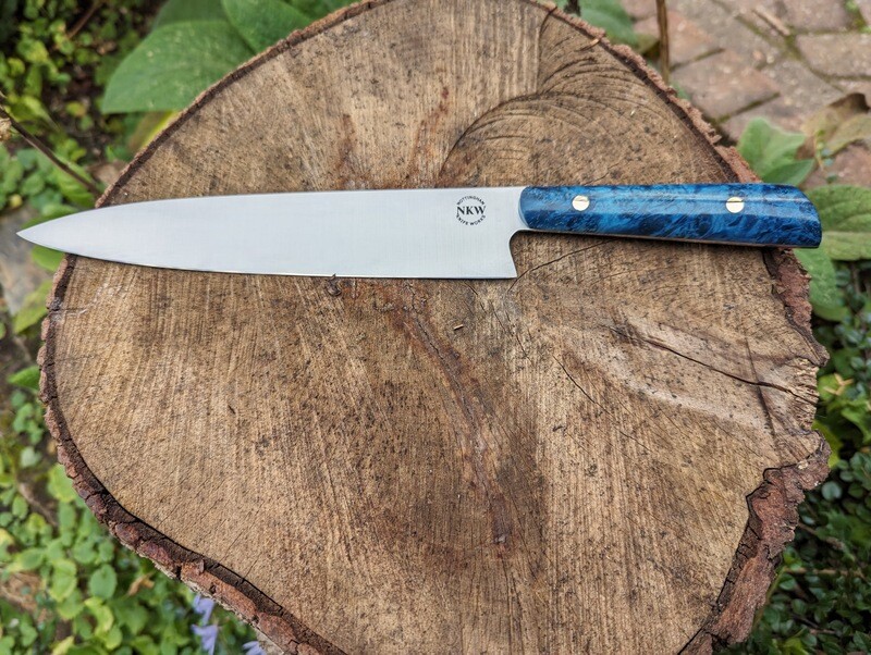 Handmade 8" chef's knife, SF100 stainless steel and blue Boxelder burl handle