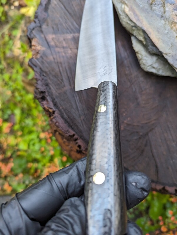 Handmade Nakiri, SF100 stainless steel and recycled carbon fibre handle