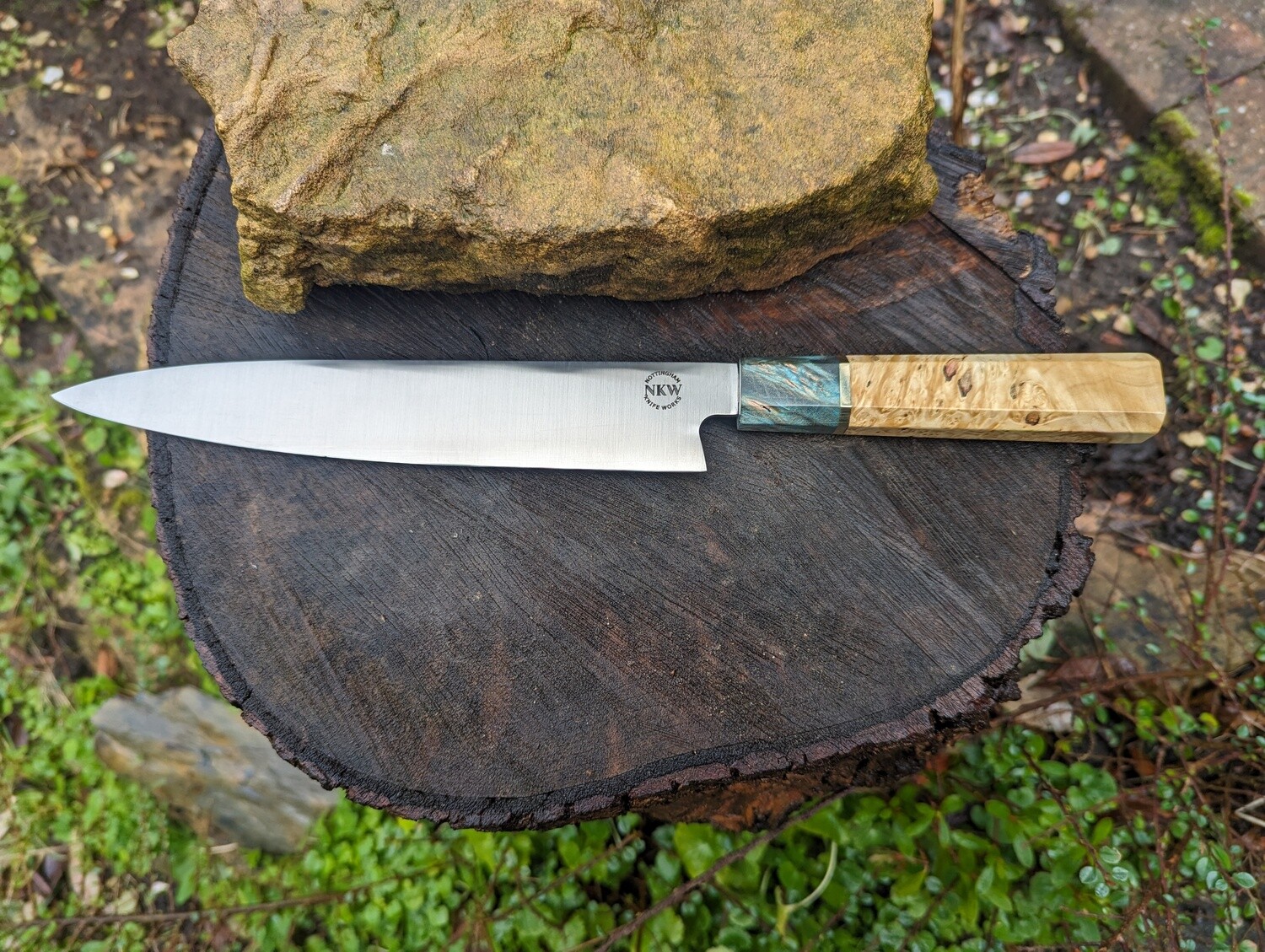 Handmade 8&quot; chef&#39;s knife, SF100 stainless steel and Japanese style handle made from Maple burl