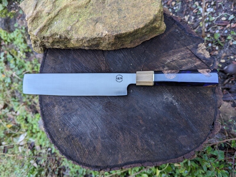 Handmade Nakiri. Old Vine wood with Violet and silver Resin, Brass spacer, Holly wood