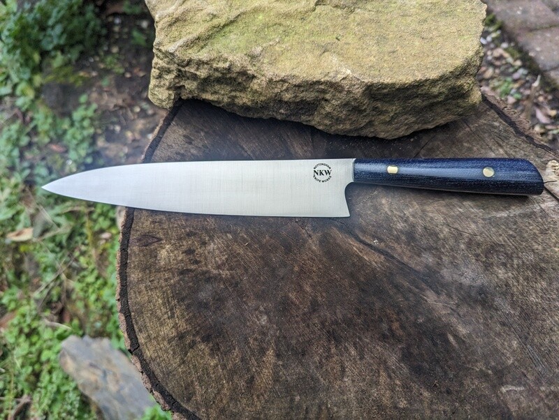 Handmade 8&quot; chef&#39;s Knife Sheffield SF100 stainless steel. Recycled denim handle