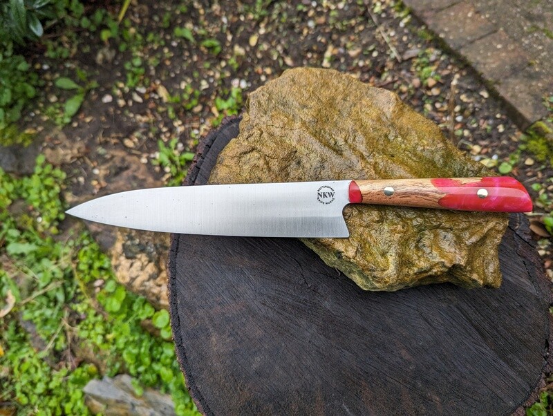 Handmade 8" chef's knife, Old Vine wood with Pink and silver Resin, SF100 Stainless steel