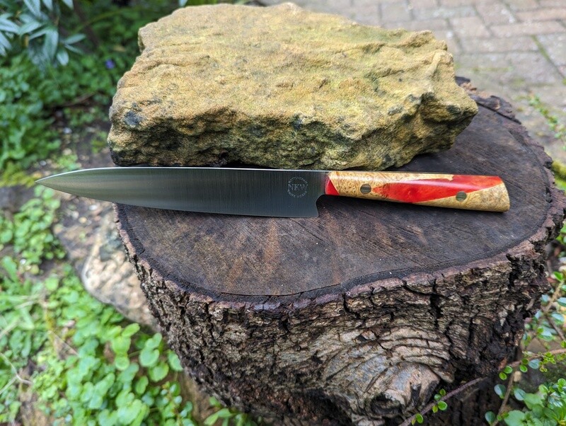 Handmade Everyday Kitchen Knife, Sheffield SF100 stainless steel, Maple burl with red and gold resin handle