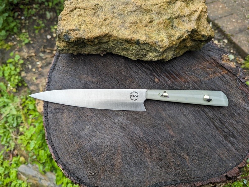 Handmade Everyday Kitchen Knife, SF100 stainless steel, Smile Plastics Spectra handle