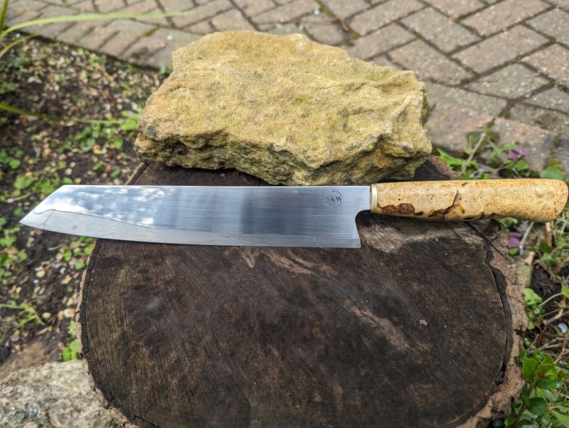 Handmade 10&quot; chef&#39;s knife, Aogami Super core Stainless Steel Clad. Maple burl, gold resin and brass handle