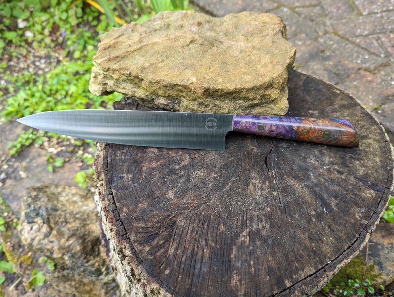 Handmade 8&quot; chef&#39;s knife, SF100 stainless steel and Violet mapple burl handle