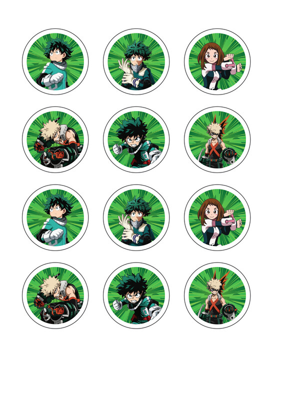 My Hero Academia themed icing sheet cupcake toppers 12 x 2inch