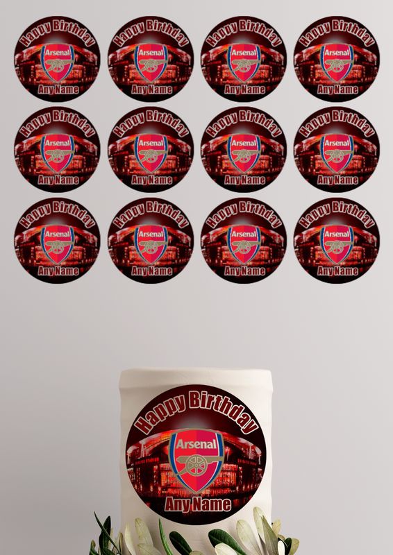 Arsenal Stadium & Logo Themed Personalised Edible Cake Topper, Custom Size Option Available, Standard Size 7 Inch
