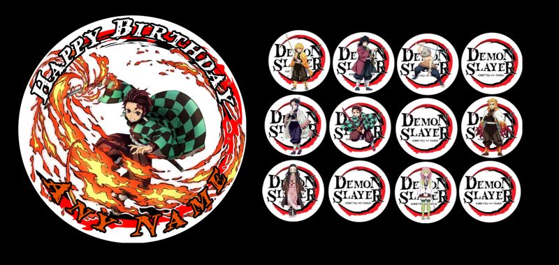 Demon Slayer themed personalised any name edible cake topper, Edible Demon Slayer cupcake toppers pre-cut