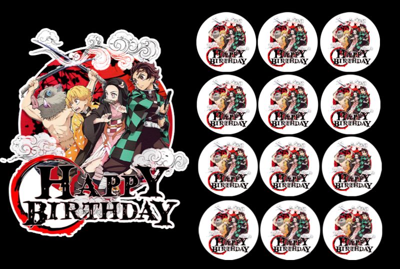 Demon Slayer themed Custom edible cake topper, Edible Demon Slayer cupcake toppers pre-cut 6.5" x 7"