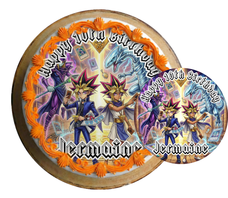 Yu-Gi-Oh themed personalised any name edible cake topper, Edible Yu-Gi-Oh cupcake toppers pre-cut