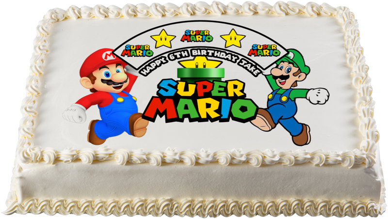Super Mario Themed Personalised Edible Cake Topper, Pre-Cut Icing Sheet Printed Topper Approx 15″Width x 9″ Height