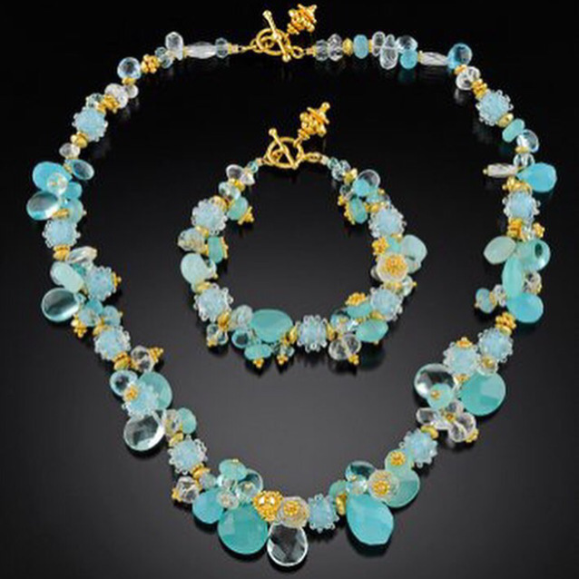 Gold and aqua gemstone glass necklace