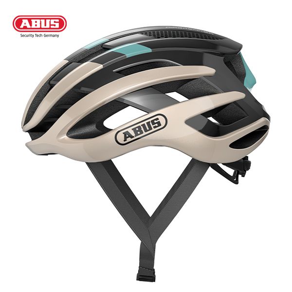 “ABUS AirBreaker road cycling helmet in celeste-green with honeycomb Multi-Speed vents and Zoom Ace adjustment dial”