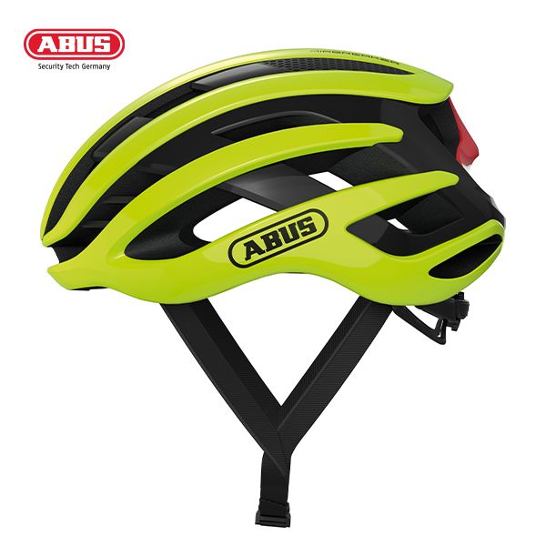 “ABUS AirBreaker road cycling helmet in neon yellow with honeycomb Multi-Speed vents and Zoom Ace adjustment dial”