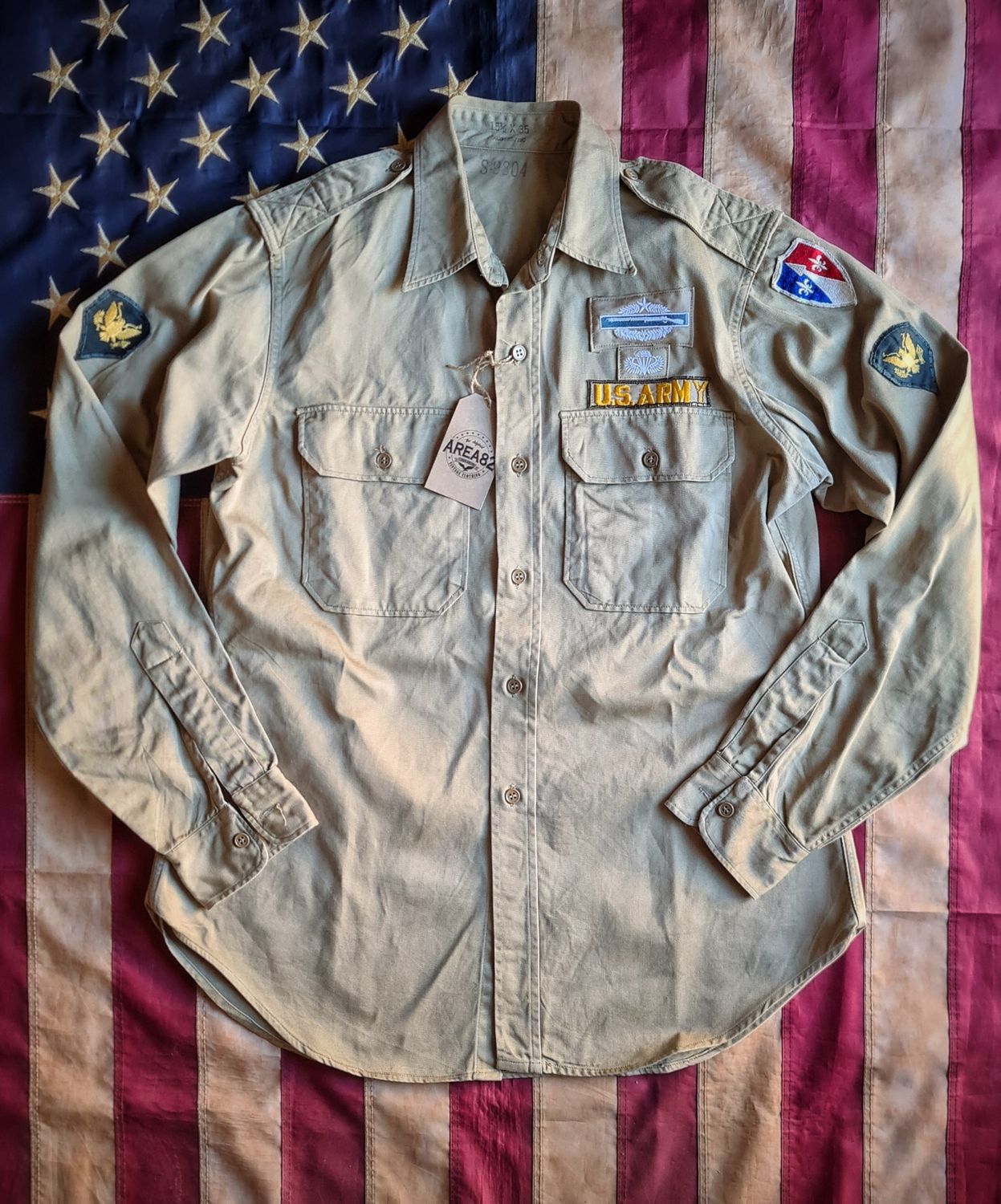 US Army shirt Khaki - Red Blue Fleur De Lis Communication Zone - post WW2