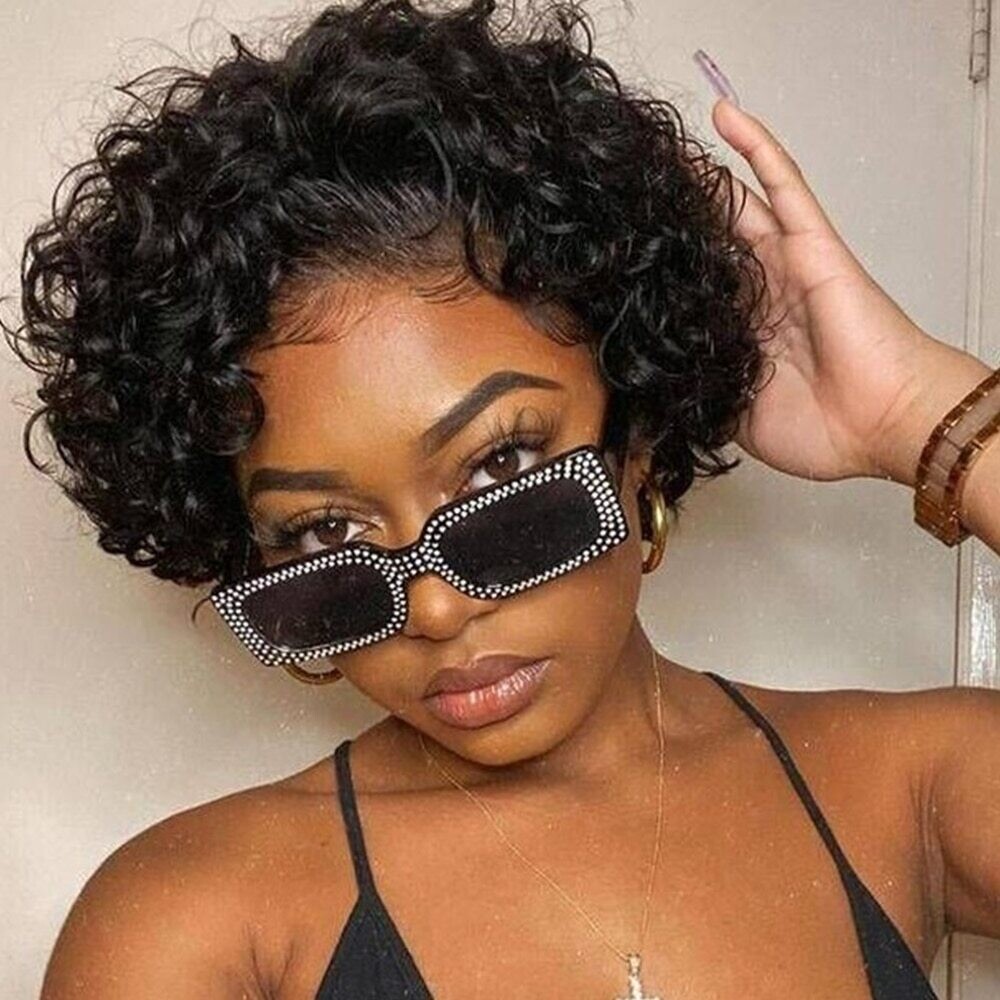 Wool Curly Pixie Cut Wig Human Hair 13x1 Lace Part Front