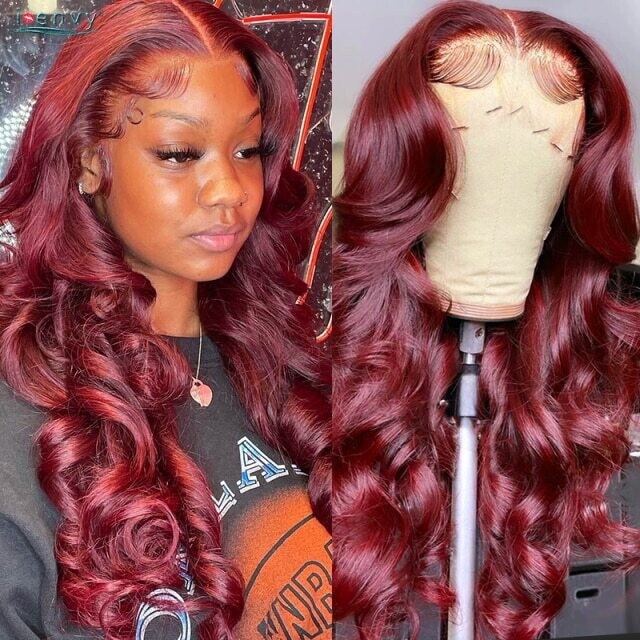 13X4 Colored Burgundy Lace Front Wig Peruvian Body Wave Human, Density: 120%, Hair Color: #99J, Stretched Length: 10inches