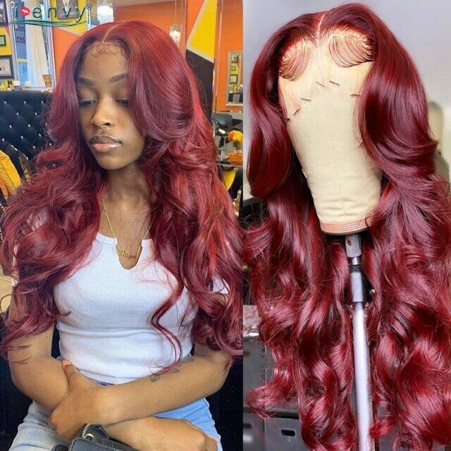 99J Burgundy Lace Front Wig Body Wave Colored Transparent, Density: 150%, Hair Color: #99J, Stretched Length: 10inches