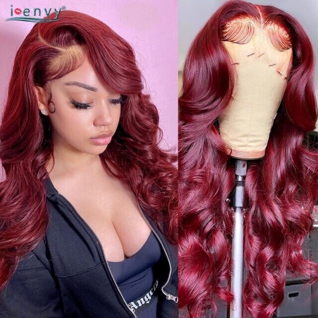 13x4 Colored Red Lace Front Human Hair Wig Burgundy Body Wave, Density: 120%, Hair Color: #99J, Stretched Length: 10inches