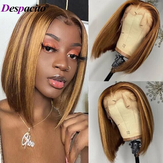 T Lace Front Human Hair Wigs Orange Colored Plucked Peruvian, Color: 4/27HL, Stretched Length: 8inches