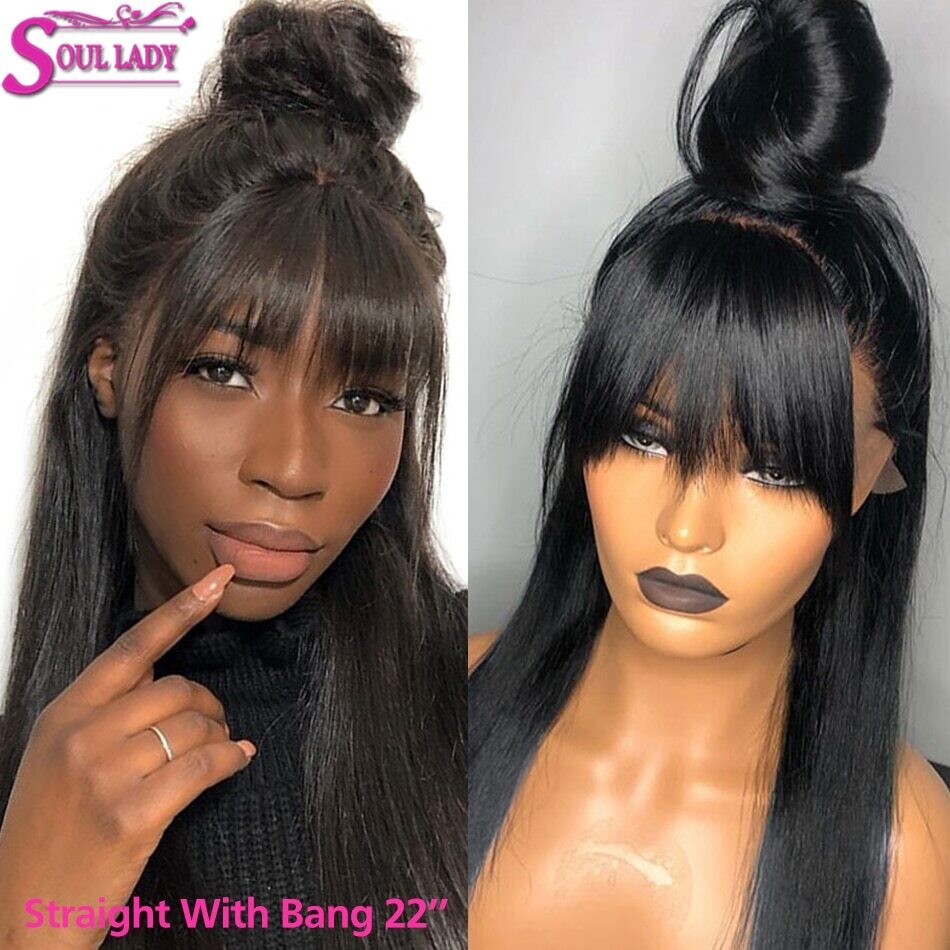 Soul Lady Straight Human Hair Wigs With Bangs 30in Straight Lace