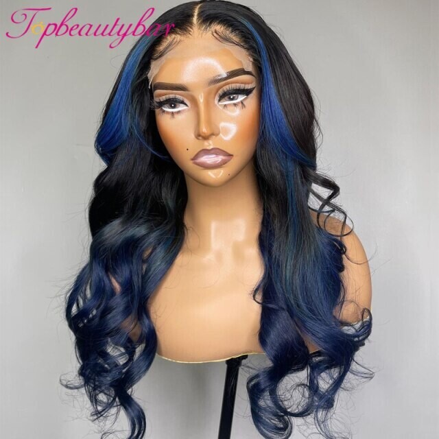 Colored Highlight Blue 13x4 Lace Front Human Hair Wigs, Color: 1B/30HL, Density: 120%, Stretched Length: 12inches