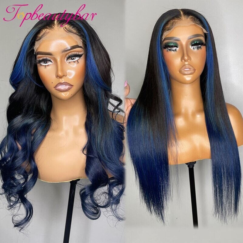 Colored Highlight Blue 13x4 Lace Front Human Hair Wigs