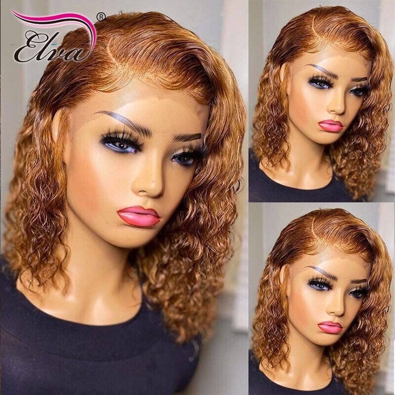 13x4 Ginger Curly Human Hair Wig Pixie Cut Short Deep Wave