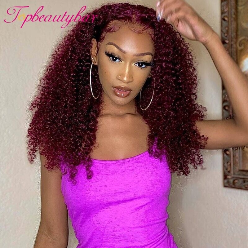 99j Burgundy Curly Human Hair Wig 180% 13X6 Lace Front