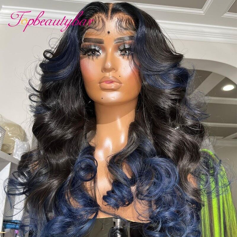 Ombre Blue Color 13x4 Lace Front Human Hair Wigs Wavy 180%